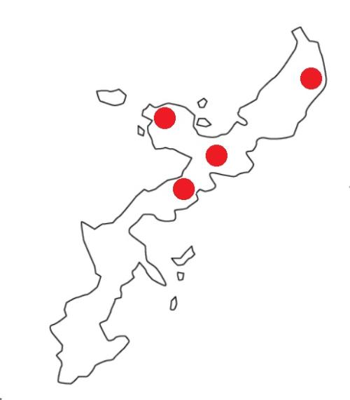 General location of the four surveyed sites of Quercus miyagii on Okinawa Island, Japan. The sites represent a range of habita