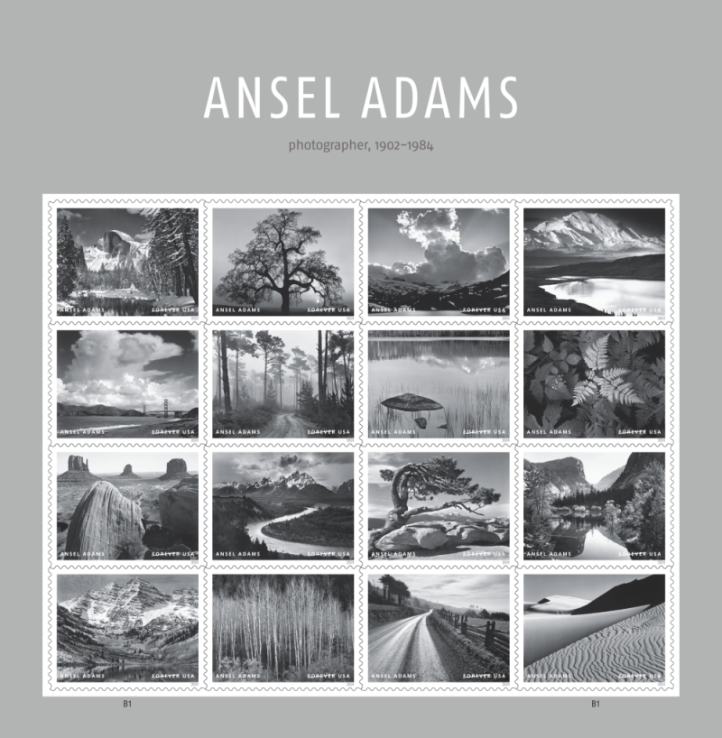 Teh set of 16 stamps of Ansel Adamas photos