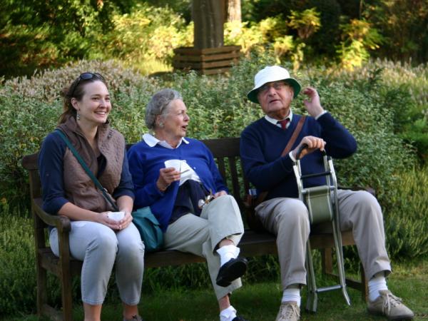 28/09/12. Arboretum des Grandes Bruyères. From the left, A. McKean (Starhill Forest Arboretum) with B. and B. de la Rochefoucauld, owners. Photo: L. Kenyon.